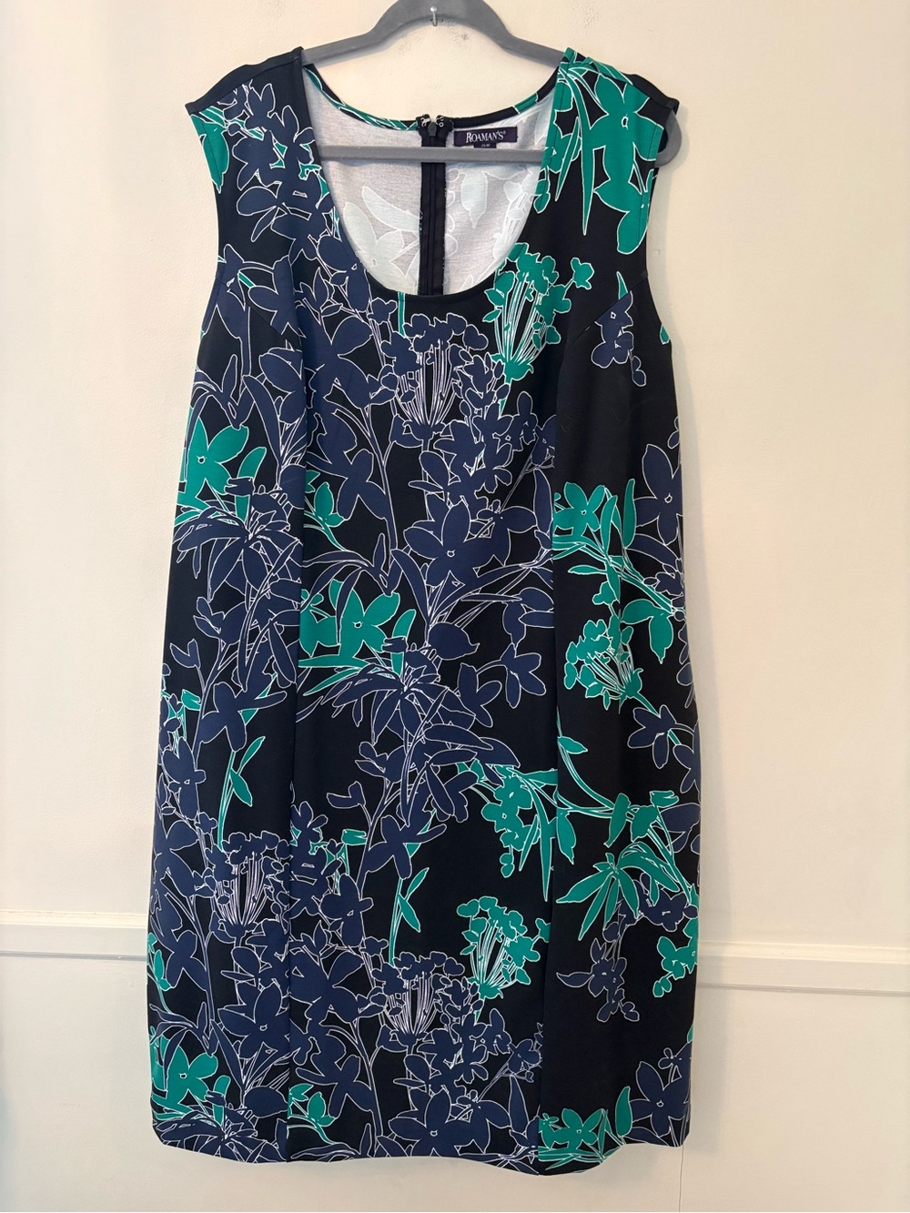 Roaman's Dress Womens 26W Black Floral Sleeveless Scoop Neck Stretch Knee Length